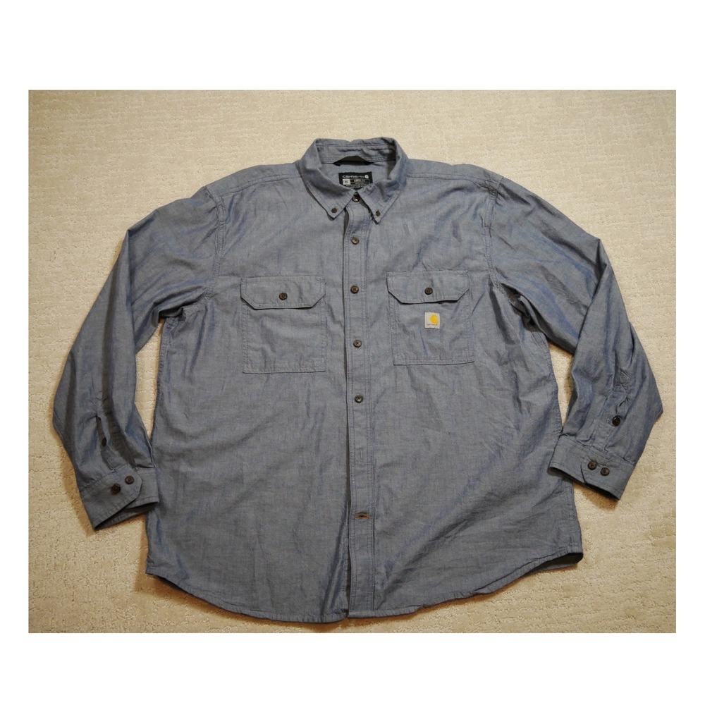 Carhartt Mens XL‎ Loose Fit Chambray Button Down Shirt Blue Long Sleeve Workwear